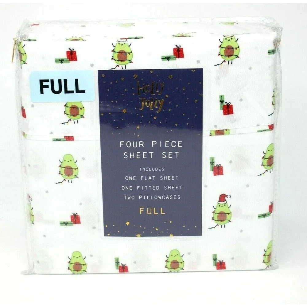 Holly Jolly FULL 4 Piece Sheet Set Christmas Santa Avocados
